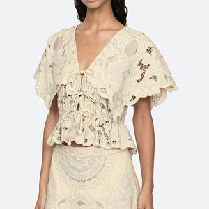 Ensemble robe et haut élégant sur mesure avec broderie florale OEM, luxueux ensemble deux pièces en lin et coton - Product Image 5