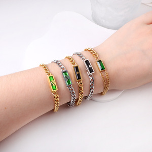 Pulsera de Acero Inoxidable con Cadena de Serpiente y Circones Verdes Rectangulares, Diseño Geométrico, Accesorio de Moda Unisex - Product Image 1