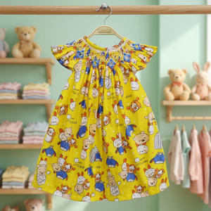 <b>Cute</b> Girls Bishop Smocked Dress - Customised Hand Made Embroidery Baby Girl A Dress - OEM - ODM - SM230101 - <b>Bear</b> printing - Product Image 3