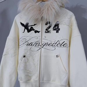 Heavyweight Streetwear Graphic Printed <b>Hooded</b> Jacket Cut & Sew Custom ODM OEM Men Faux Fur Hood <b>Zip</b>-Up Hoodie - Product Image 2