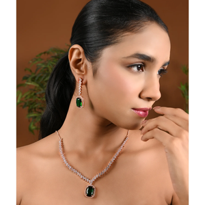Ensemble de bijoux pour femmes, collier et boucles d'oreilles pendantes en or rose plaqué, zircone cubique, diamant américain, couleur verte, bijoux tendance - Product Image 4