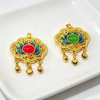 Breloque en forme de lotus ajourée émaillée, plaquée cuivre antique, nouveau style chinois, avec clochettes, pour la création de colliers et de bijoux DIY