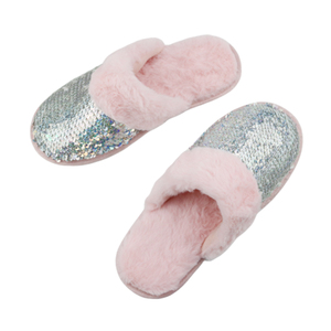 Pantoufles chaudes roses à paillettes pour femmes, doublure en fausse fourrure douce, pantoufles d'intérieur en tissu à paillettes - Product Image 3