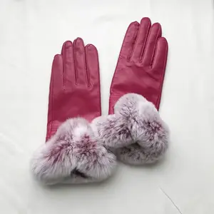 新款时尚羊皮皮革女全指冬季保暖雷克斯兔毛手套日常生活真毛手套