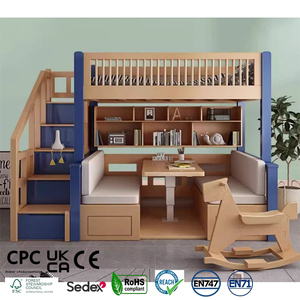 Lit superposé moderne tout en bois massif avec table surélevée intégrée pour adultes et enfants, combinaison de bureaux supérieur/inférieur - Product Image 1