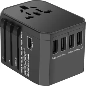 Adaptor perjalanan internasional dengan 5,6 A - 4 port USB dan Tipe C. Soket Adaptor daya Universal untuk semua dalam satu pengisi daya seluruh dunia