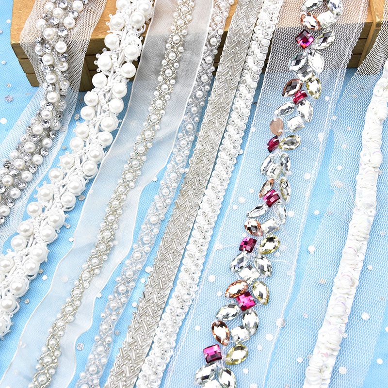 Rhinestone Pearl Beaded Lace Sew on Crystal Bridal Sash Belt Ribbon Trim for Clothes Dress