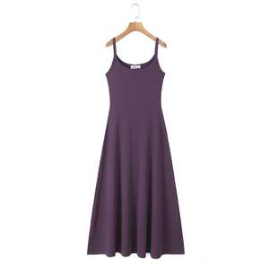 Vestido Largo Runqi para Mujer, Talla Grande, Cuello en U, Cintura Ajustada, Tirantes Finos, Color Sólido, Morado Oscuro N9167 - Product Image 1