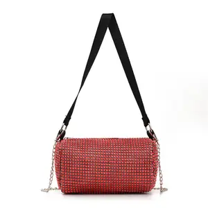 Red Women Bling Purse Mini Top Handle Handbag Chain Mesh Clutch for Party Rhinestone Crossbody Bags