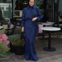 Nouveautés 2027 Ensemble coordonné modeste pour femme, aspect lin, comprenant une blouse à col et une jupe longue maxi à nouer, tenue de cérémonie
