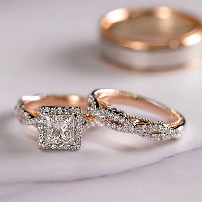 Hete Verkoop Vintage Luxe Verlovingsring Trouwringen Paar Set Koper Met Zirkonia Ring