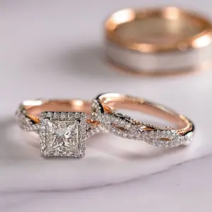 Venda quente de anel de noivado de luxo vintage, conjunto de casal de alianças de casamento em cobre com anel de zircônia