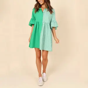 新款夏季美丽甜美连衣裙女褶边袖宽松休闲100% 棉绿色条纹迷你连衣裙