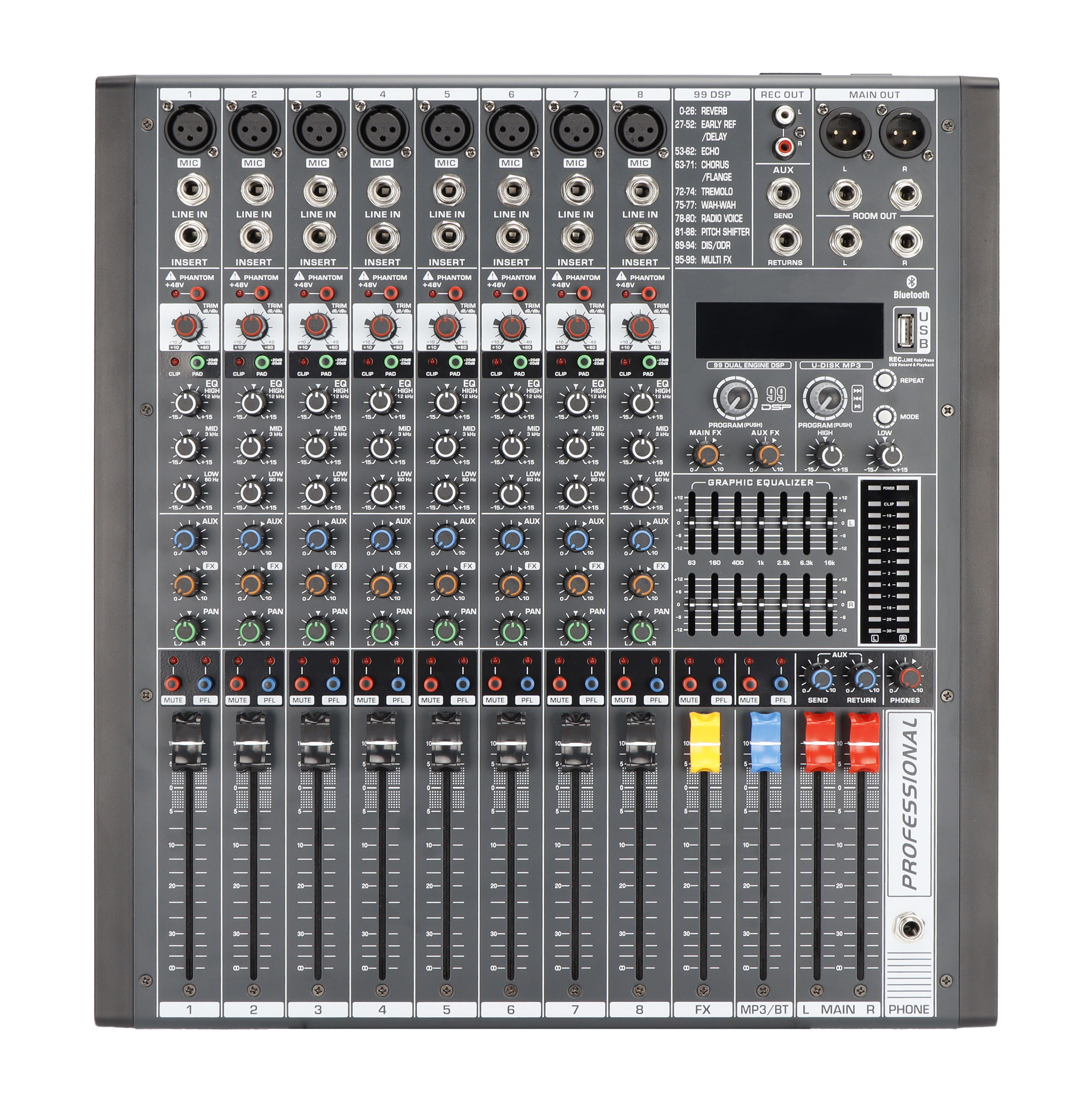 Профессиональная 8/12-канальная микшерная консоль ETFD8 650 Вт с 99Dsp Mp3 Bluetooth для сценического применения микшера