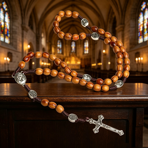 Bracelets de Saint Benoît rigides en acier inoxydable fini rouge, avec perles et pendentif Denario Varón Abad, et bracelet en cuir maillé avec cordon ajustable. - Product Image 4