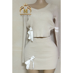 Trajes de primavera y otoño para mujer, suéter corto de punto con lazo y falda, conjuntos de 2 piezas para mujer Y2k, conjuntos de falda de dos piezas, ropa de mujer 2025 - Product Image 5