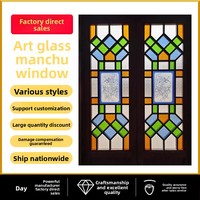Ventanas y Puertas de Vidrio Artístico Grabado de Madera Maciza de Estilo Chino Vintage, Estilo Lingnan Cantonés, con Ventana Manchu y Diseño de Manzano Colorido, Personalizadas