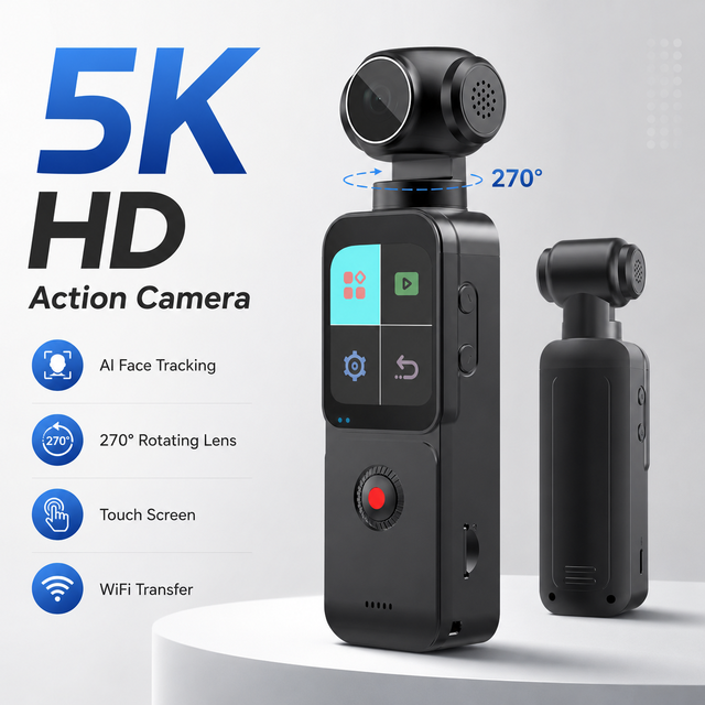 5K HD X3 Action Camera CMOS Sensor >40x Optical Zoom Face Tracking IP67 Waterproof Pocket 270 Rotating Lens 1.69" Touchscreen