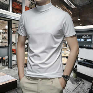 Camisetas de cuello medio para hombre, juveniles, de cuello alto, de manga corta, 100% algodón, ecológicas, ajustadas, de color liso, al por mayor - Product Image 3