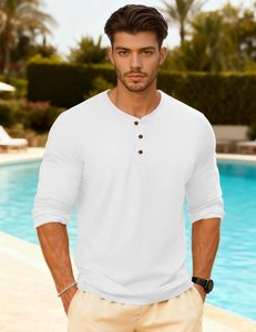 Camisas Henley de manga larga para hombre 100% sarga de algodón 3 botones primavera Casual transpirable frente en blanco Color sólido Tops suaves - Product Image 3