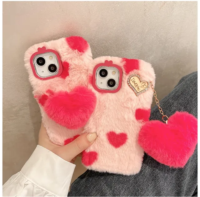 3D Cute Plush Love Heart Fluffy Warm Phone Case Shockproof Soft Fur Protective Cover for iPhone 11 12 13 14 Pro Max Series