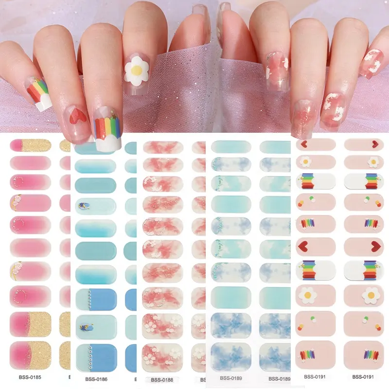 Designers Line Marbre Saut Couleur Épais Semi Durci Coréen Mode Gel Nail Sticker 3D Nail Wrap Flower Design Gel Sticker Nails