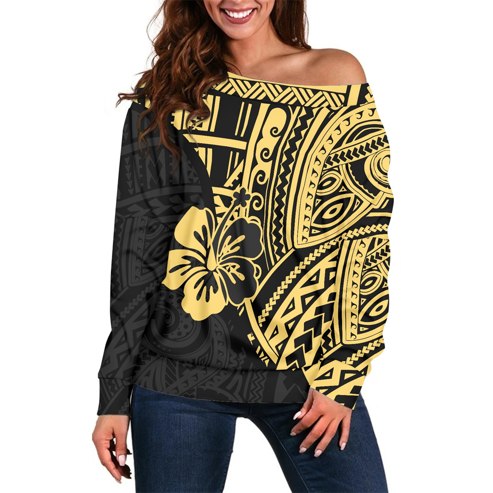 Print On Demand Ladies Oversize Shirt Women Off Shoulder Blouse Tops Polynesian Traditional Tribal Long Sleeved Shirts Women