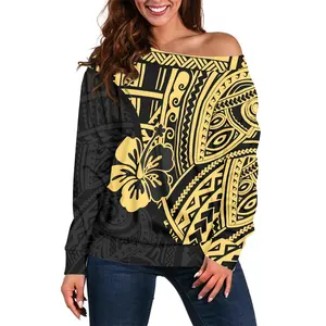 Blusa de manga larga con hombros descubiertos para mujer, camisa con estampado a petición para mujer, estilo Tribal tradicional polinesiano