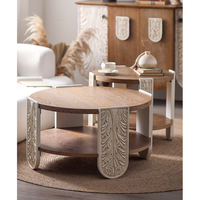 Table basse ronde de luxe légère à 2 niveaux, style vintage, pour salon, en bois massif avec pieds sculptés blancs, durable KES
