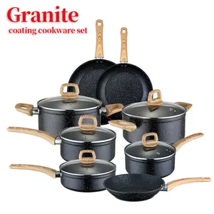 Marble Coated Pot Aluminum Wooden Handle Double Granite Coated Cookware Set Pots And Pans Non Stick Kitchen Induction Cooker