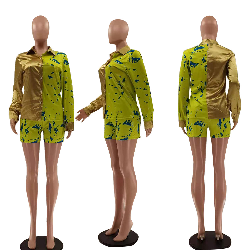 Q108023 Fall winter Tie-dye patchwork women blouses Long sleeves Two Piece Set Women wind shirt shorts outfit