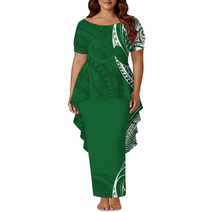 Robe Hawaïenne Puletasi Polynésien pour Femme, Style Sirène, Deux Pièces, Manches Courtes Bouffantes, Élégante, Motif Îles du Pacifique, en Polyester, Personnalisable, MOQ 1 - Product Image 1