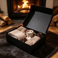 Coffret Cadeau de Noël Noir avec Écharpe Tricotée, Guimauves au Cacao, Moufles Fair Isle, Pommes de Pin – Emballage en Gros, Ensemble Cadeau