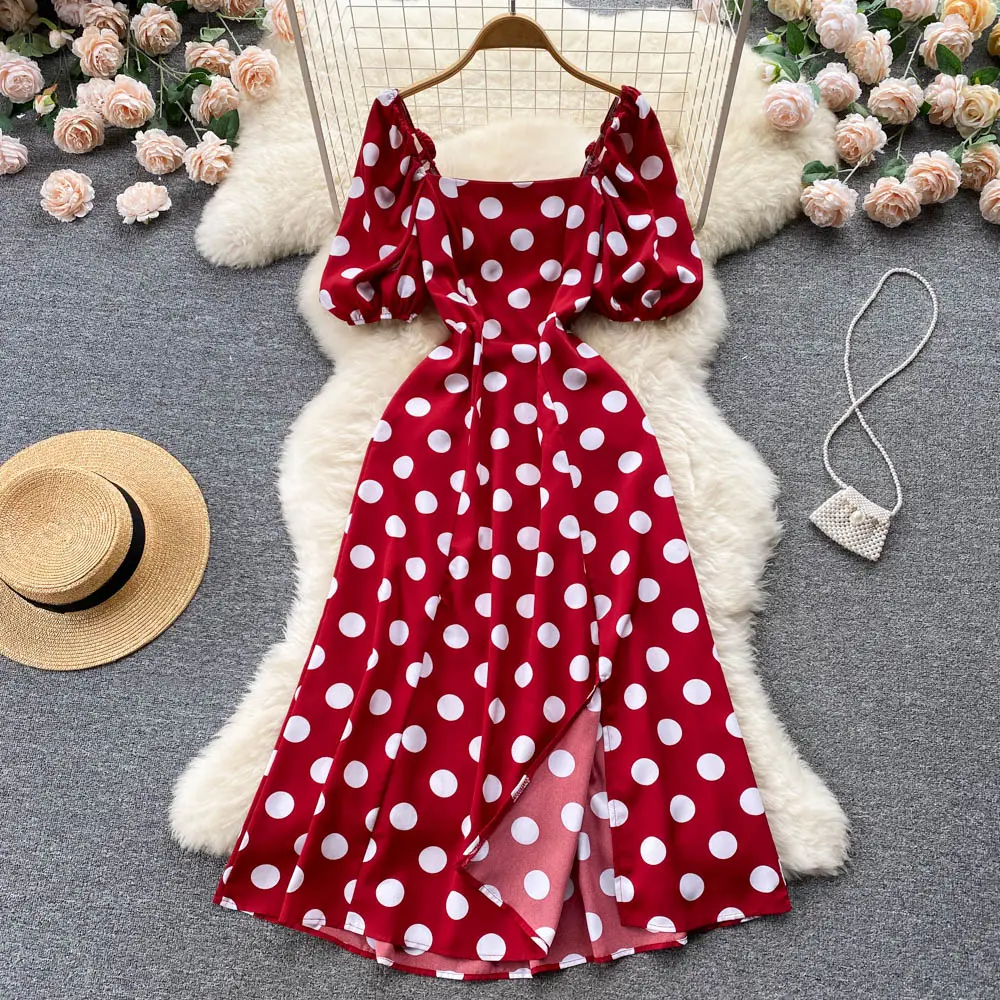 Short Sleeve Square Collar A-Line Dress Summer Slit High Waist Midi Dress Ladies Casual Dress Clothes Women Wholesale