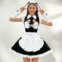 Robe Lolita de demoiselle d'honneur noire et blanche à volants, dos évidé, pour cosplay anime, ensemble complet avec capelette, tablier, cravate, bandeau et poignets