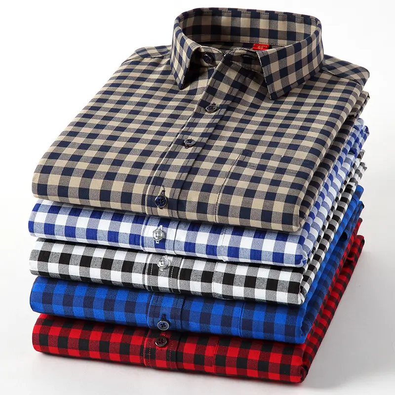 Custom Logo 100% Cotton Men's Casual Long Sleeve Dress Shirts Wholesale Formal Business Flannel Office Plaid Shirt For Men