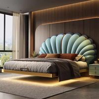 Cama de Cuero Genuino con Forma de Pétalo, Diseño Flotante Inspirado en Conchas, Cama Suave para el Dormitorio Principal, BTLB059, para Hogar u Hotel, Estilo Minimalista Moderno