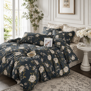 Juego de Ropa de Cama de Lujo con Diseño de Peonías, Envío Directo desde la UE, Edredón Reversible de Algodón Azul Marino 160x200 200x220cm, Envío desde Polonia - Product Image 6