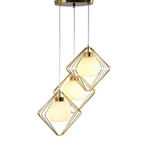 Moderne Minimalistische Creatieve Hanglamp Ijzerdraad Art Vierkante Schaduw Plafond Verlichting Met Opal Ronde Glas Opknoping Lampen