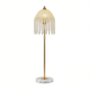 Lampadaire 3 lumières en fer doré et cristal avec perles en cascade et base en marbre pour salon et bureau, design élégant avec abat-jour en forme de dôme - Product Image 1