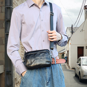 Sac à bandoulière en cuir véritable pour hommes, couleur unie noire, à la mode, résistant à l'usure, usage quotidien, automne 2023 - Product Image 2