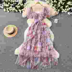 Vestido Midi de Primavera Estilo Hada con Estampado Digital Tejido, Corte A con Volantes, Cintura Imperio, Manga Corta, Morado para Mujer - Product Image 1