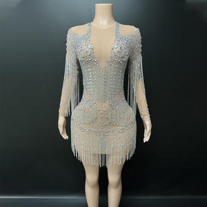 Novance Y5581 Vestidos de Fiesta Elegantes de Manga Larga con Pedrería Brillante y Borlas, Traje de Cantante - Product Image 1