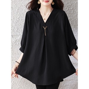Nueva Blusa Negra de Verano 2026 al por Mayor con Cuello en V para Mujer, Túnica Oversize con Manga Tres Cuartos, Cadena Dorada y Borlas, Estilo Chic Casual Tallas Grandes - Product Image 2