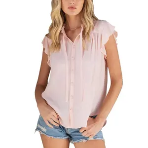 OEM FTY Custom Clothes Manufacturer Solid Color Casual Short Ruffle Ladies Shirt Skin Friendly Soft Ruffle Sleeve Tunic Top
