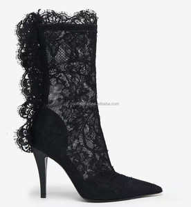 Chaussures en dentelle rouge délicates pour filles, bout pointu, talon aiguille de 105 mm, semelle en cuir haute, fermeture éclair à l'arrière, bottes en dentelle rouge - Product Image 5