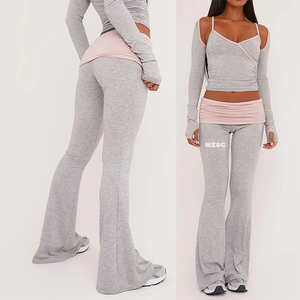 <span class=keywords><strong>Abbigliamento</strong></span> da donna di colore personalizzato con cuciture a contrasto Top <span class=keywords><strong>Bolero</strong></span> maniche pieghevoli pantaloni svasati in vita set Loungewear - Product Image 1