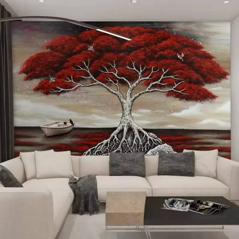 創造的な3D手描きの壁紙寝室の壁のための赤い大きな木の壁画のリビングルームの装飾の壁紙