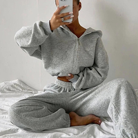 Ensemble de survêtement pour femmes OEM personnalisé, haut court, entraînement décontracté, ensemble deux pièces vierge, vêtements pour femmes, ensemble sweat à capuche zippé et jogger