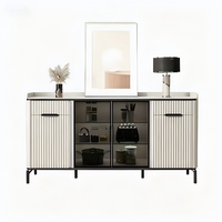 Buffet moderne ultra-fin blanc avec dessus en pierre frittée, porte en verre, éclairage LED, laque MDF, rangement pour salle à manger et salon